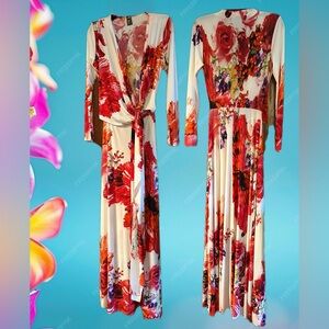 Floral Tie-Waist Maxi Dress in White and Red